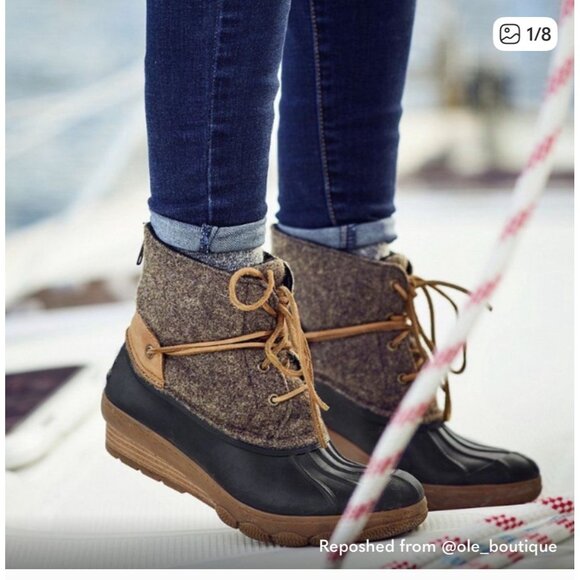 SPERRY Saltwater 6M Brown Wool Rubber Duck Boots Wool Quarter - Picture 1 of 11